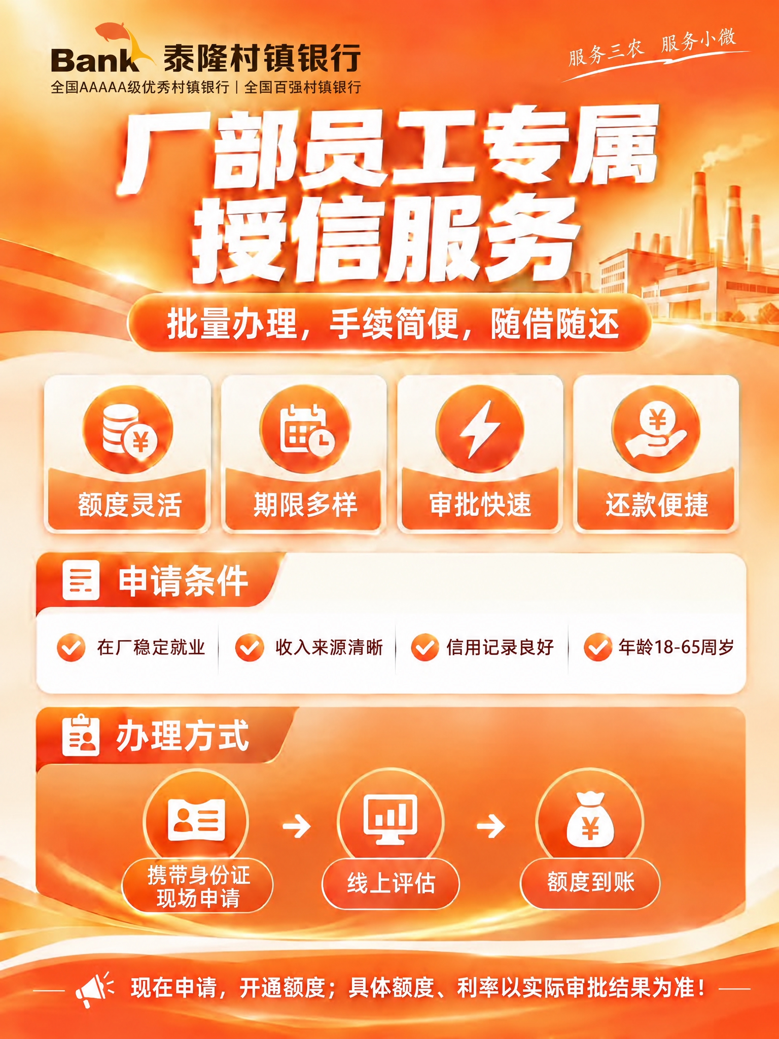 将这张厂部员工专属授信服务宣传单左上角的泰隆村镇银行logo，… - 图片创意预览