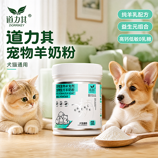 [主图-1] 道力其宠物羊奶粉首图，家居治愈风场景展示。
[氛围风格] 温馨治愈的家居客厅氛围，柔和自然，温暖亲和。
[画质] 商业摄影质感、光线柔和通透、产品清晰真实、画面干净高级。
[元素] 道力其宠物羊奶粉罐体居中展示，旁边木勺舀着奶粉，画面左侧一只可爱金渐层猫咪，右侧一只乖巧柯基幼犬，自然互动。浅原木色客厅茶几场景，背景柔和虚化的绿色家居软装。保持产品外观（物理结构、材质质感、颜色、品牌Logo）与输入产品图绝对一致，杜绝任何变形和色差，精细化处理。商品主体占比严格控制在65%左右，画面满屏无边框。
[光影] 自然侧向窗光，柔和通透，产品和宠物轮廓清晰，奶白色粉质质感突出，光影层次自然，暖调氛围。
[配色] 主色调为原木浅棕+产品标签薄荷绿，辅色为宠物自然毛色，整体清新柔和。
[视角构图] 平视视角，产品和宠物为视觉中心，景深适中，产品完整不裁切。
[文字版式] 左上角安全区放置提取的道力其品牌Logo，不遮挡主体。右上负空间放置三个圆润卖点标签：纯羊乳配方、益生元组合、高钙低敏0乳糖，薄荷绿底白字，小巧精致。大字主标题在左上Logo下方：道力其 宠物羊奶粉，深绿色粗体圆润字体，犬猫通用小字标注。
[比例分辨率] 1:1比例，2048px*2048px，4k分辨率，文字清晰可辨，超高清。
[负向提示词] 变形，水印，文字错乱，产品图模糊，背景杂乱，品牌Logo变形，夸张，绝对化用语。