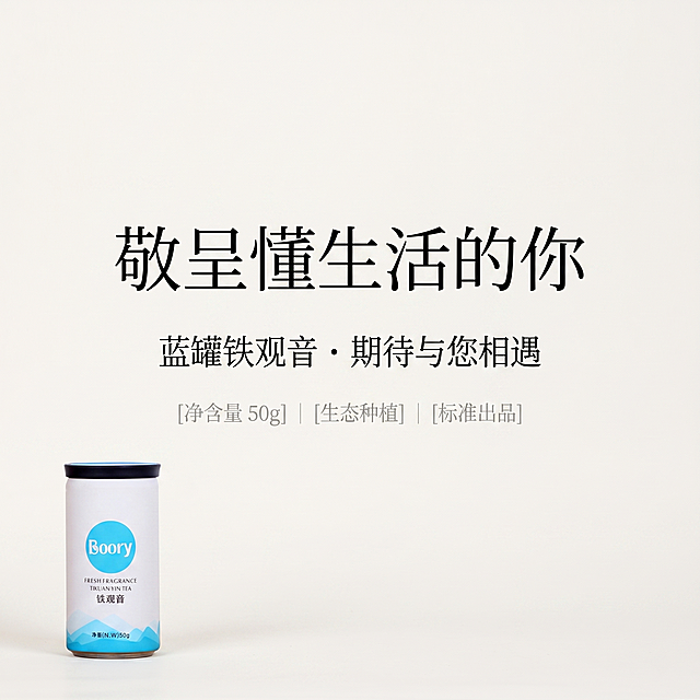 [主图 6] 收尾承诺页，简单文字居中排版，传递品牌诚意。[氛围风格] 简约高级，留白干净，品牌信任感。[画质] 商业摄影质感，清晰干净，高级简约。[元素] 浅素色背景，蓝罐铁观音小图放置左下，保持外观颜色与原图一致，大面积留白留给文字；画面干净居中排版，没有多余元素。[光影] 均匀柔和光线，干净通透不杂乱。[配色] 浅米白背景，蓝白产品点缀，低饱和干净配色。[文字版式] 主标题"敬呈懂生活的你"居中放置，字号最大，纤细黑色宋体；副标题"蓝罐铁观音 · 期待与您相遇"字号缩小一半，居中在主标题下方；底部信息横向排列"[净含量 50g] | [生态种植] | [标准出品]"，字号最小，浅灰色居中；段落之间保留大量留白，呼吸感充足，字少优雅符合品牌调性。[比例分辨率] 1:1 比例，2k 分辨率；文字清晰可辨，超高清。[负向提示词] 变形，水印，文字错乱，产品图模糊，背景杂乱，拥挤排版，粗体字体，复杂装饰，绝对化违禁词。