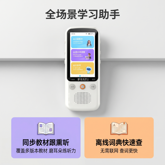 [主图 3] 同步教材熏听+离线词典卖点主图
[氛围风格] 学习校园风格，简洁科技，清新积极
[画质] 商业摄影质感、光线柔和通透、产品清晰真实、画面干净高级
[元素] 锐族AI英语学习机放在画面中心预览效果