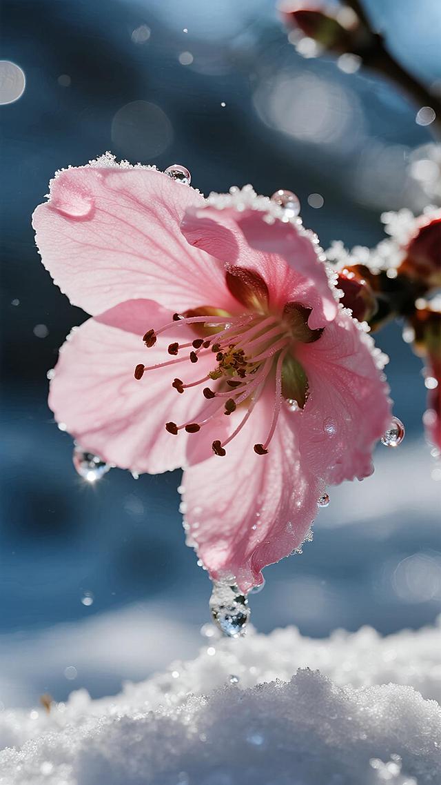 一朵粉色梅花的极端特写微距照片，花瓣上挂着精致的霜晶和微小的水滴。背景是完全虚化的雪景光斑。图像锐利，高对比度，捕捉到了花瓣的细腻纹理和霜花的复杂结构。照片级真实感，惊人的细节，影棚灯光。