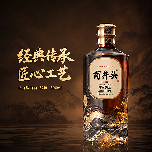 [主图-2] 高井头白酒核心工艺展示图
[氛围风格] 中式沉稳高端品质风，整体风格和首图保持统一
[画质] 商业摄影质感，光线柔和通透，产品清晰真实，画面干净高级。
[元素] 保持高井头白酒瓶外观，物理结构、材质质感、颜色与输入产品图绝对一致，杜绝任何变形和色差，精细化处理。酒瓶放置在偏右侧，左侧背景留白放置文案，左侧展示工艺核心信息，一图一重点。背景沿用深棕色暗纹风格，和首图统一，产品占比约60%。
[光影] 主光突出瓶身质感，背景光均匀通透，层次分明，保持整体和首图一致的光影氛围。
[配色] 主色调深棕暖金，和产品本身配色统一。
[视角构图] 平视角度，左文右图经典构图，主体突出不拥挤。
[文字版式] 左侧负空间左对齐，大字主文案“经典传承 匠心工艺”，粗体重金书法字体，下方小字标注“浓香型白酒 52度 500ml”字体缩小50%，文字清晰易读不遮挡产品主体，文字占比小于30%。
[比例分辨率] 1:1 比例，2048px分辨率，文字清晰可辨，超高清。
[负向提示词] 变形，水印，文字错乱，产品图模糊，背景杂乱