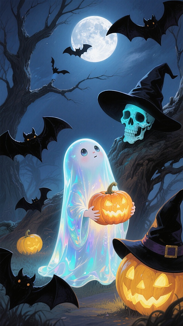 主体是拿着南瓜灯的小幽灵在抬头看月亮，周围环绕蝙蝠、小南瓜灯、女巫帽、骷髅头等元素，背景是月夜，点缀蝙蝠和枯树，神秘氛围。