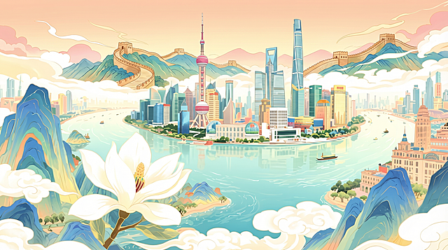 参考现有浦东陆家嘴国潮插画，远景搭配蜿蜒长城，展现上海现代都市繁荣，寓意国防守护城市发展，传递军民同心守护家国的主题，国潮插画风格，16:9横版，清新明亮