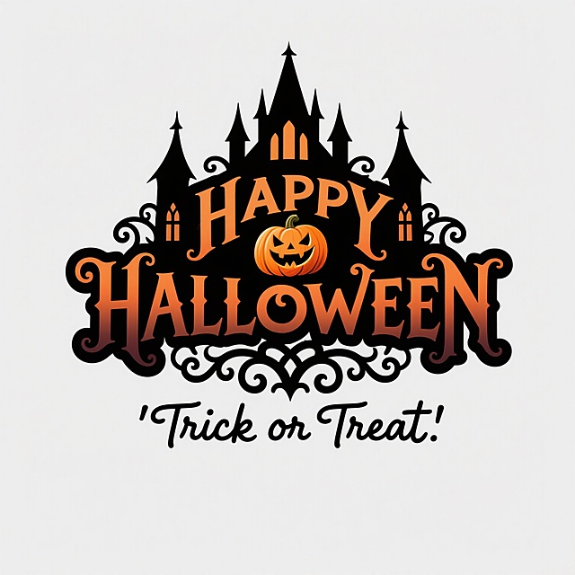 "哥特式风格的'HAPPY HALLOWEEN'标题设计，字母采用尖锐的黑色轮廓与渐变的暗橙色填充，字体带有哥特式建筑般的尖顶和繁复卷曲装饰，中央是一个咧嘴笑的南瓜灯图案，下方配有手写体'TRICK OR TREAT'文字，整体元素在纯白色纯色背景上呈现出神秘诡异的万圣节氛围，视觉层次分明，信息传达直接，符合节日主题的装饰性设计风格。"
