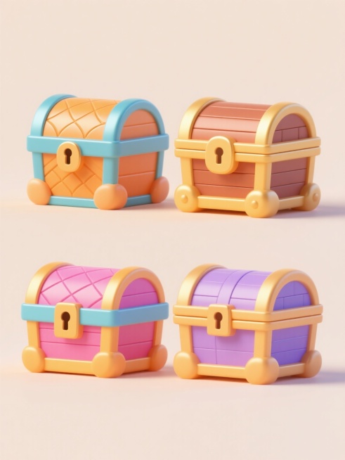 卡通风格的4个不同样式与材质的宝箱造型，上下两行对齐排列，浅色背景，宝箱整体采用圆润可爱的造型设计，具有明亮活泼的色彩搭配，表面呈现光滑的质感，边缘有柔和的高光处理，营造出双11促销的欢快热闹氛围，每个宝箱都有独特的设计细节，如不同的纹路、锁扣样式和颜色组合，整体画面简洁明快，视觉效果突出。预览效果