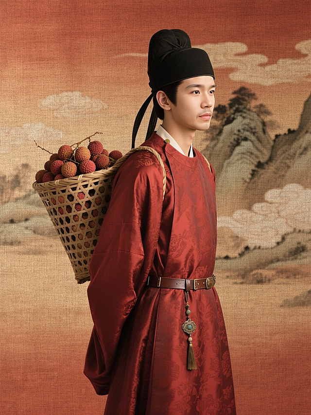 人物身穿唐代暗红色圆领袍，衣服上压同色丝绸暗纹，头戴黑色幞头，腰系革带配挂饰，身后背着一个装满荔枝的大竹筐，侧身站着，古风影视海报质感，暖棕红渐变背景，水墨山水云纹，浓郁的盛唐气息