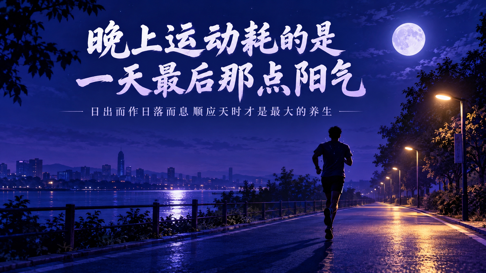 习惯五晚上运动，月夜街道场景，深蓝色夜空有明月，街道上有挥汗跑… - 图片创意预览