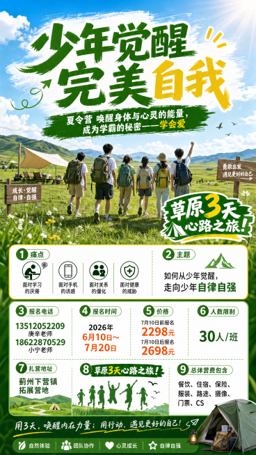 重新设计一张少年觉醒夏令营招生海报，采用户外草原风，主标题醒目："少年觉醒 完美自我"，副标题："夏令营 唤醒身体与心灵的能量，成为学霸的秘密——学会爱"，包含以下全部招生信息：痛点：面对学习的厌倦、预览效果