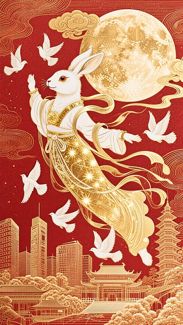 国潮风插画，拟人化玉兔身披鎏金长裙，飞舞于红金月夜，融合传统建筑与现代都市，浮雕质感彰显奢华喜庆，梦幻唯美的中秋意境。