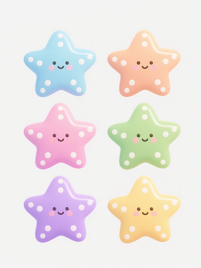 六个风格统一的卡通海星，采用白色圆形斑点和五尖星形设计，分别使用不同的主色调：浅蓝色、浅橙色、粉色、紫色、绿色和黄色，每个海星表面有光滑的渐变质感和柔和的高光，排列成整齐的两行三列，背景为纯白色，整体保持简洁可爱的儿童插画风格，无文字和装饰元素。