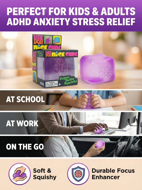 参考第六张参考图的排版和文案，生成这张捏捏乐感官挤压玩具详情页，产品使用原图的紫色渐变Nee Doh Nice Cube，严格保持产品外观不变，尺寸比例3:4，一张图只展示这个产品，用切片分割展示不同预览效果