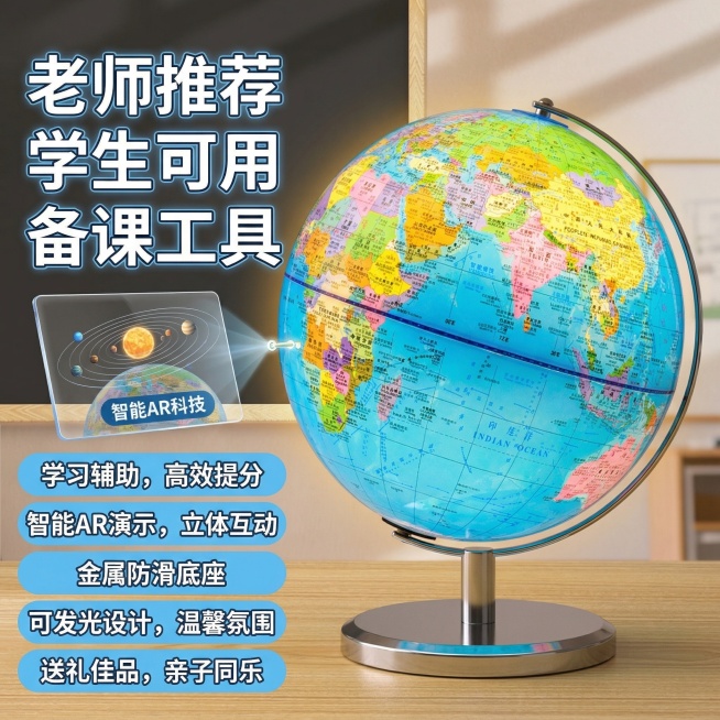 地球仪电商主图，突出核心卖点：学习辅助、备课工具、办公用品、老师推荐、学生可用、可发光、AR演示功能，风格符合学生专属、居家办公、亲子互动、送礼佳品的定位，参考示例图的排版和元素设计预览效果