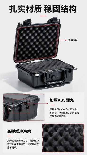 [第4屏] 结构材质解析，展示多功能安全防护箱的硬壳箱体与海绵内衬结构。本屏使用【图1】展示内部结构。
[氛围/风格] 工业解析风，专业清晰，突出材质质感。
[元素布局] 上半部分展示打开的箱体，重点预览效果
