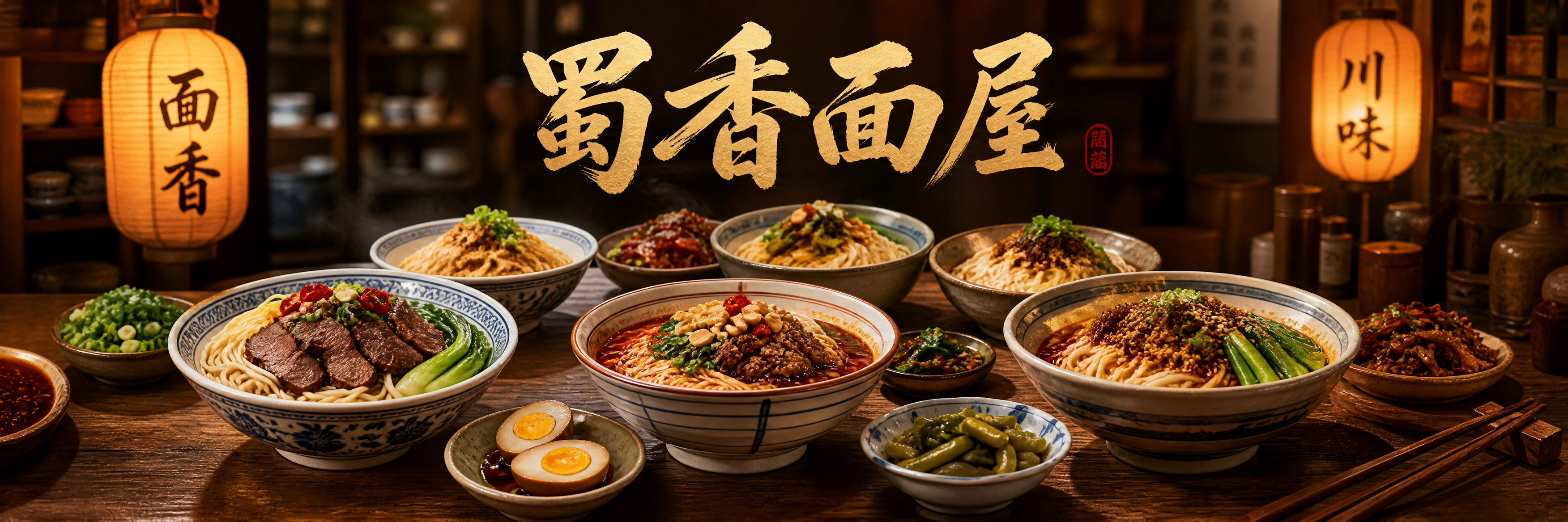蜀香面屋面馆海报设计，写实摄影风格，宽幅横版构图，画面中央是一… - 图片创意预览
