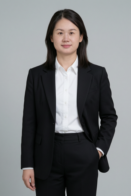 根据参考图生成职业形象照，女士保留原有面部特征，更换为黑色精纺西装套装和白衬衫，姿势为正面左手插兜，极简冷调浅灰色纯色背景，6:9比例，专业商务质感预览效果