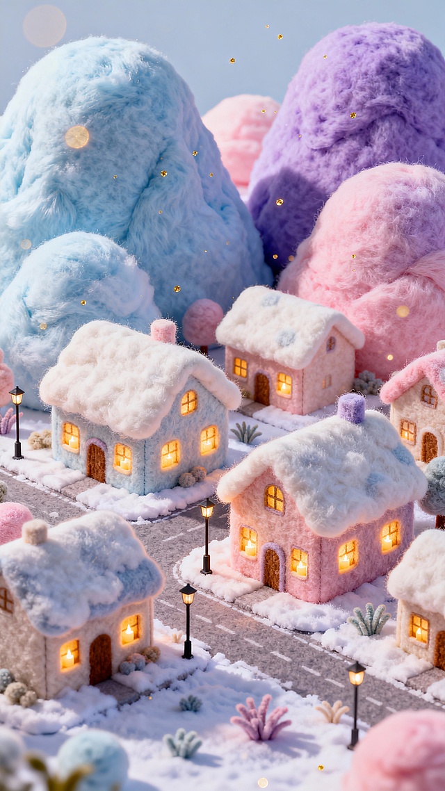 一个被蓬松白雪覆盖的宁静小镇，一切呈现柔软的羊毛毡材质，窗户透出温暖的烛光，空气中飘着微小的光晕，柔和的马卡龙色系，哑光质感，等距视角。