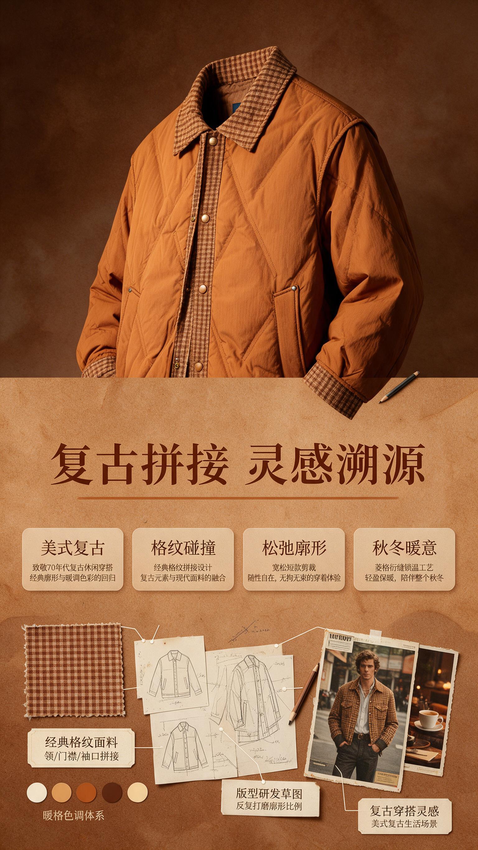 [商品] 使用【图1】焦糖棕复古格纹拼接翻领棉服夹克；商品处理… - 图片创意预览