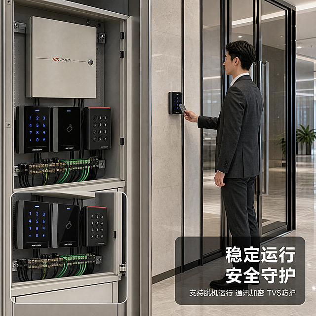 [主图-4] 海康威视门禁控制器安防门禁场景应用图
[氛围风格] 现代写字楼门禁场景 专业安防氛围
[画质] 商业摄影质感 场景真实 光线自然 产品融入环境
[元素] 现代写字楼大堂入口场景 玻璃门禁系统旁的弱电井内 海康威视门禁控制器安装在金属机柜中 机柜门半开 控制器指示灯亮着微弱绿光 门外墙面上安装黑色密码读卡器 一位穿职业装的东亚男性工作人员正在刷卡开门 背景为现代简约风格的写字楼大堂 大理石地面 玻璃门 金属门框 画面左侧有局部机柜内部特写小窗 展示控制器接线状态 保持产品外观物理结构材质颜色与输入产品图完全一致 杜绝变形和色差 控制器主体占场景比例适中
[光影] 大堂顶部嵌入式筒灯提供主照明 光线柔和均匀 机柜内部有微弱设备指示灯 整体色温偏冷 专业办公氛围
[配色] 主色调冷灰米白 辅色金属银 强调色海康红和指示灯绿
[视角构图] 中景平视 人物和门禁系统为视觉中心 左侧小窗展示设备细节 前中后景分层 景深深 场景真实感强
[文字版式] 右下角半透明深灰卡片 标题稳定运行 安全守护 白色粗体中号字 副标题支持脱机运行 通讯加密 TVS防护 白色小号字 文字右对齐 不遮挡人物和主要场景
[输出要求] 1:1比例 文字清晰锐利 超高清商业摄影质感
[负向提示词] 变形 文字错乱 产品图模糊 背景杂乱 水印 电商平台Logo 多余的手 畸形手 人物面部扭曲 肢体穿模