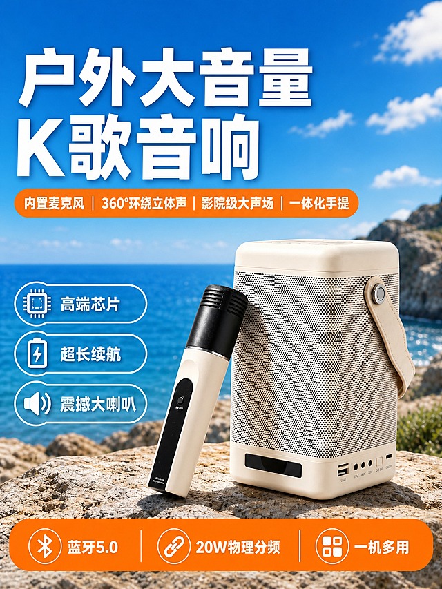 [主图-1] 户外大音量K歌音箱 商品识别与核心利益首图。
[统一基调] 淘宝/天猫3:4主图，专业品质感，明亮通透，主标题白色粗体大字，辅助文字白色，强调色为活力橙色，圆角胶囊图标卡片，字体为现代无衬线粗体，字号层级分明。
[画面] 产品为米白色便携K歌音箱+同色无线麦克风，音箱为方形立柱造型，正面金属网罩，右侧一体化皮质手提带，底部有USB/TF卡/AUX等接口和显示屏；麦克风为黑白拼色手持造型。产品位于画面右下区域，占画面约55%，30°侧前视角，音箱直立放置在海边岩石台面上，麦克风斜靠在音箱左侧。背景是开阔的蓝色大海与晴朗蓝天，远处有岩石海岸线，白云点缀。画面左上区域放置主标题大字。
[光影质感] 自然日光，从左上方照射，产品有柔和的右侧阴影，岩石表面有真实接触阴影，音箱网罩金属质感清晰，皮质手提带纹理自然，整体商业摄影质感。
[配色] 主背景蓝白海天色，标题白色，强调色橙色，产品米白色为主，整体明亮清新有户外感。
[文字版式] 左上大标题分两行：第一行"户外大音量"，第二行"K歌音响"，白色超粗黑体，字号最大。标题下方一条橙色圆角横条，内有白色小字："内置麦克风 360°环绕立体声 影院级大声场 一体化手提"。左侧中部三个竖向排列的白色圆角胶囊图标框，分别配芯片/电池/喇叭图标和文字："高端芯片"、"超长续航"、"震撼大喇叭"。底部一条橙色圆角通栏，内有三个白色图标+文字分组："蓝牙5.0"、"20W物理分频"、"一机多用"。文字均不遮挡产品主体。
[输出要求] 3:4竖版比例，文字清晰锐利，产品完整不切割，边缘自然融入场景，无悬浮感。禁止变形、错字、模糊、杂乱背景、水印、平台Logo。