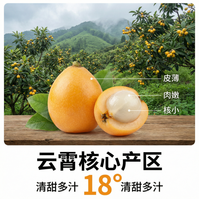 [主图 2] 核心亮点与溯源
[主图主题] 云霄早钟枇杷产地溯源
[氛围/风格] 真实果园产地氛围，新鲜自然，无人像
[画面元素] 前景摆放一颗完整带叶大枇杷和半颗切开的枇杷，展现嫩白果肉，背景是福建预览效果