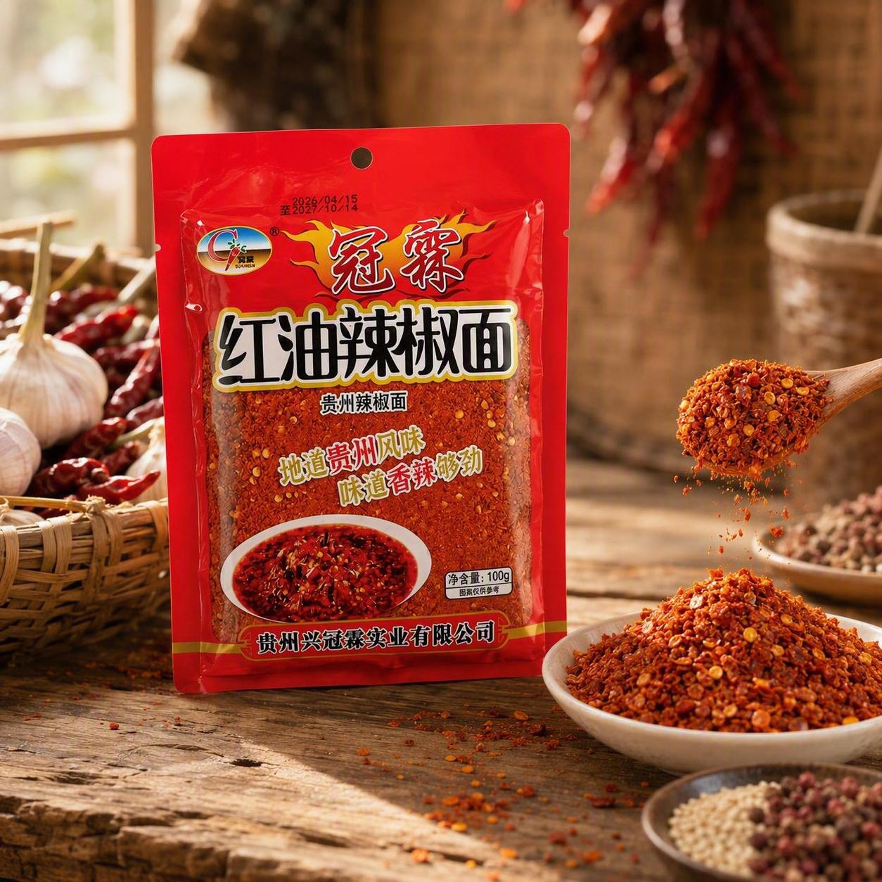 超写实食品商业摄影。 主体：红油辣椒面包装袋严格参照上传产品图… - 图片创意预览