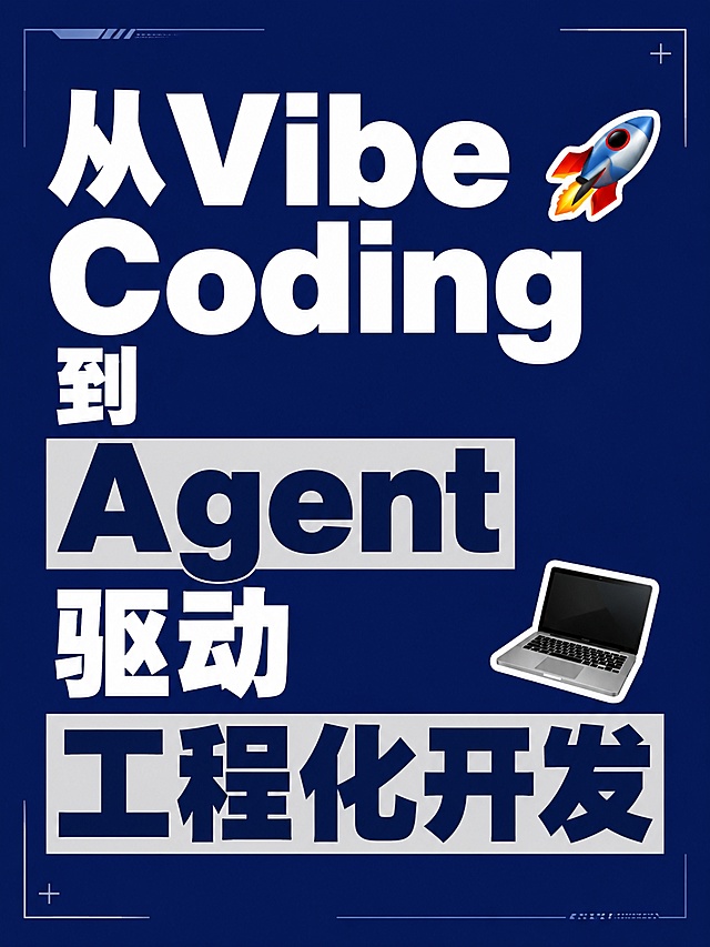 小红书笔记大字封面，纯大字，杂志海报风格，版式精美，小红书笔记封面质感，适合信息流点击。主标题必须完整呈现且为画面视觉中心，逐字锁定：从Vibe Coding到Agent驱动工程化开发。主标题字号占画面约 55% 视觉权重，清晰可读，不得增删改字。背景：深蓝科技风纯色底。标题排版：采用纯大字 P08 策略，扁平粗黑体，关键词加浅灰色块底框增强对比。装饰：emoji 贴纸 1~2 个，电脑 emoji 贴于标题右下角，不与主标题逐字混排，禁止底部横排多个；另加细线框装饰，位置与数量克制、不抢主标题。整体氛围：科技干货、职场开发进阶感。画质：高清细腻，信息层级清晰，主标题与背景强对比（深蓝底用白字），文字完整处于安全区内不可裁切，四周留安全边距。画面比例 3:4，4K。