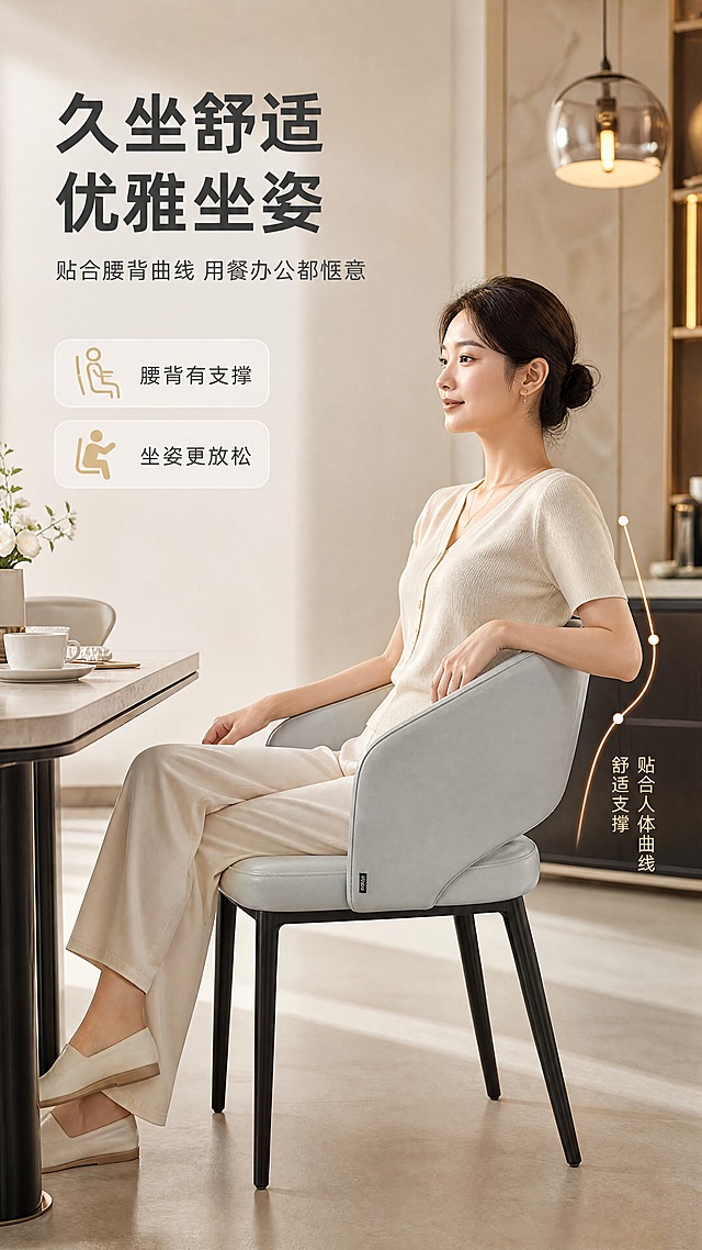 [商品] 使用【图1】DY-8803C月光灰餐椅；保留环抱式靠背造型、西皮面料、月光灰颜色、碳素钢黑色细腿、座包侧面小标签、整体比例与结构；修复产品光影，增强面料质感，不改变版型结构。
[画面] 目标：沉浸体验页，亚洲女性优雅坐靠展示舒适度。构图：场景满铺，一位优雅亚洲女性（25-35岁，简约穿搭）侧身坐在餐椅上，手轻搭扶手，自然放松姿态，展示坐感舒适度。产品+人物占画面约70%。景别：中景。前中后景：前景餐桌一角、中景人物+餐椅、后景轻奢餐厅背景+暖光吊灯。场景：温馨餐厅环境，暖调光线，营造居家舒适氛围。
[视觉] 套系策略：风格=现代轻奢亮调商业摄影；标题字=现代无衬线粗体；正文字=简洁无衬线体；主色=月光灰+米白；背景延展=基于米白与浅灰做深浅层级、同色渐变和细腻哑光质感；强调色=香槟金，仅用于小面积图标、引线和标签；标题色=深炭灰；正文色=中暖灰；组件=圆角浅底信息卡、细线引线、香槟金点缀；光影=左前侧暖柔光，明亮通透。
[文字] 左上压角文案：主标题「久坐舒适 优雅坐姿」（8字），副标题「贴合腰背曲线 用餐办公都惬意」（14字），2个体验卖点：「腰背有支撑」「坐姿更放松」。靠背处加金色弧线标注人体工学曲线。文字不遮挡人物与餐椅主体。
[规格] 图片比例9:16竖版，4K分辨率，medium质量。避免变形、错字、文字过小、冷蓝背景、产品颜色改变、结构失真、极限词。