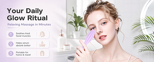 [商品] 使用【图2】淡紫色柔软硅胶面部滚轮按摩器与欧美模特使用场景；保留产品淡紫色外观、鱼形轮廓、模特手持姿势和按摩方向；保留欧美模特面部特征、浅棕卷发和浅色吊带。
[画面] 目标：真人效果展示页，直观呈现使用方式与舒适体验。构图：左文右图，右侧模特半身使用场景占画面约60%，模特手持按摩器轻贴眼下区域，表情放松自然；左侧文字区。前中后景：前景产品与手部，中景模特面部，背景虚化的浴室/梳妆台环境（白色瓷砖+绿植）。
[视觉] 套系策略：风格=跨境极简高级商业摄影；标题字=现代无衬线粗体；正文字=简洁无衬线体；主色=淡薰衣草紫；背景延展=基于淡薰衣草紫做深浅层级、同色渐变和细腻磨砂/柔光质感；强调色=玫瑰金，仅用于小面积图标、引线和标签；标题色=深炭灰；正文色=中暖灰；组件=圆角浅底信息卡、细线引线；光影=左前侧柔暖自然光，柔和明亮。
[文字] 左侧区域：主标题"Your Daily Glow Ritual"，副标题"Relaxing Massage in Minutes"。下方3条编号体验点：1. Soothes tired facial muscles，2. Helps serum absorb better，3. Portable for home & travel。文字横向排版，不遮挡模特面部和产品。
[规格] 图片比例61:25横版，4K分辨率，避免变形、错字、文字过小、亚洲面孔、医疗功效宣称、产品颜色改变、模特面部失真。