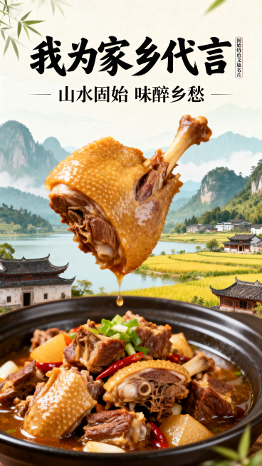 竖版宣传海报，国潮国风风格，清新大气暖色调，高级文旅质感。画面C位是显眼的固始鹅块美食特写，背景搭配固始山水风光和田园古风建筑，层次干净不杂乱，美食突出醒目，氛围感拉满。海报顶部大字写着"我为家乡代言预览效果