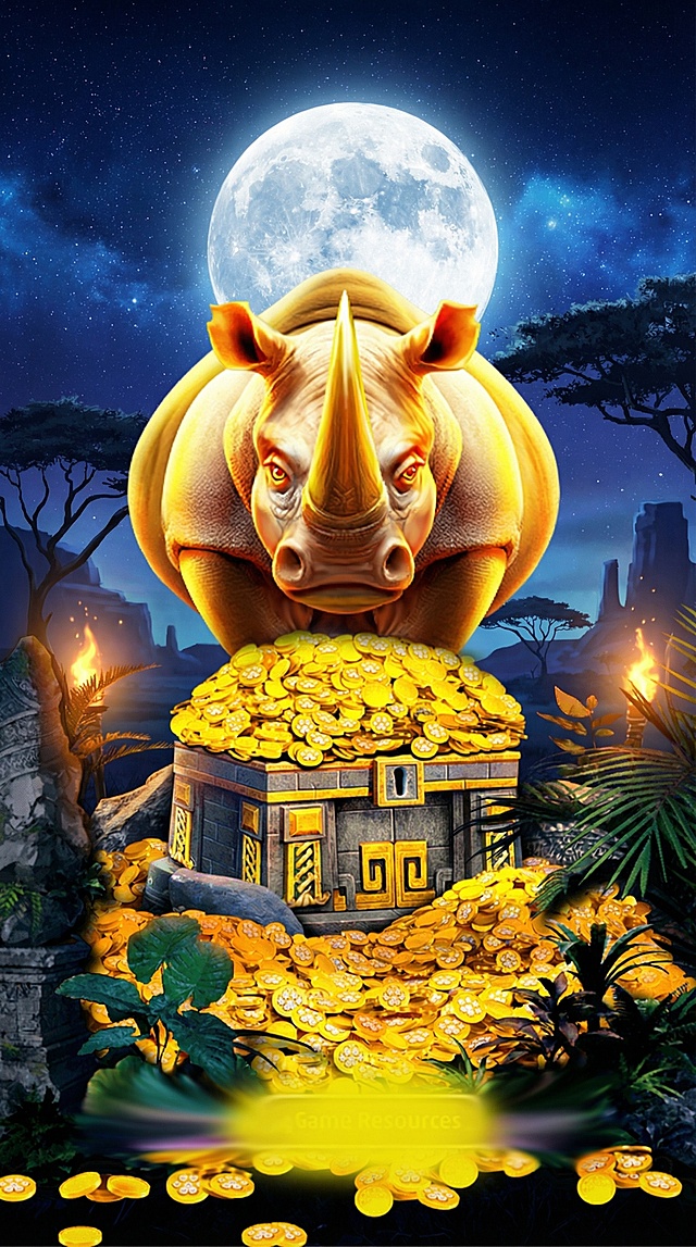 将画面修改为非洲夜晚场景，保留犀牛和宝箱金币元素，营造神秘幽暗的夜晚氛围，添加星空、月光效果