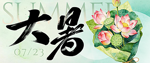 小暑二十四节气祝福荷花花束绿色水彩风格朋友圈公众号首图