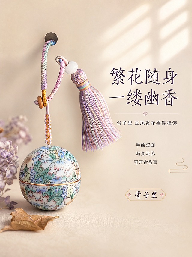 [商品] 使用【图1】骨子里 国风繁花香囊球挂饰；保留球形繁花瓷面、渐变紫粉流苏、编织挂绳、白玉珠、木珠、金边开合缝全部结构与颜色；增强瓷面釉色温润感，清理表面灰尘与杂反光，流苏丝线理顺更精致，金边更均匀细腻。
[画面] 首屏氛围KV，目标建立国风雅致第一印象；居中偏左展示完整香囊挂饰，主体占比约55%，自然垂坠姿态，流苏飘逸；右侧大面积留白放文字；背景为浅香槟色渐变，左下角点缀几枝淡紫色干绣球花与一片枯叶，右上角有柔和窗影光斑；前中后三层景深，产品清晰，背景虚化柔和。
[视觉] 套系策略：风格=雅致国风高级商业摄影；标题字=书法感宋体衬线体；正文字=简洁细黑体；主色=浅香槟米白；背景延展=基于浅香槟米白做深浅渐变、丝绒质感与柔光光斑；强调色=淡紫粉，仅用于小面积图标、引线和装饰；标题色=深紫灰；正文色=中暖灰；组件=细线分隔、淡金圆角标签、水墨感装饰线；光影=左前侧45度暖柔光，右侧弱补光，底部柔和接触阴影。
[文字] 右侧中上主标题"繁花随身 一缕幽香" 8字，大号书法宋体；下方副标题"骨子里 国风繁花香囊挂饰" 12字，中号细黑体；再下方三行短句"手绘瓷面 渐变流苏 可开合香薰"，小号字；底部一行品牌名"骨子里"，小号书法体；文字全部横排，不遮挡产品主体。
[规格] 图片比例3:4竖版，2K，避免变形、错字、文字过小、冷蓝背景、产品颜色改变、结构失真、水印、平台logo。