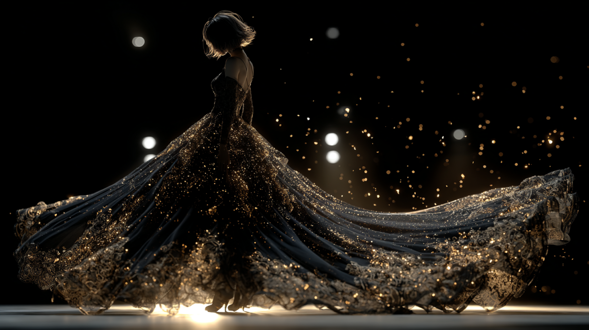 3D CG render, dark gorgeous aesthetic, black gold high contrast, female anime slim silhouette, full预览效果