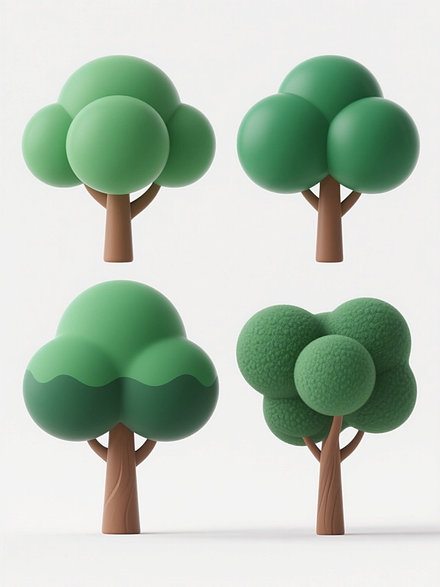 4棵不同品种、不同样式、不同外观的树木，白色背景，排列整齐，3d卡通风，树木拥有圆润饱满的树冠，树干为棕色，树冠为不同深浅的绿色，带有明显的明暗交界线和体积感，风格统一，色彩明快，简洁干净的画面，适合作为插画或设计元素使用。