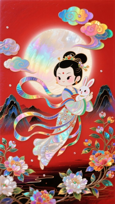 Q版风格，嫦娥怀抱玉兔奔向一轮圆月，衣摆飘逸。周围环绕着祥云和盛开的花朵，背景山脉，红色底色，非常规的动态构图，极繁主义，玄幻预览效果