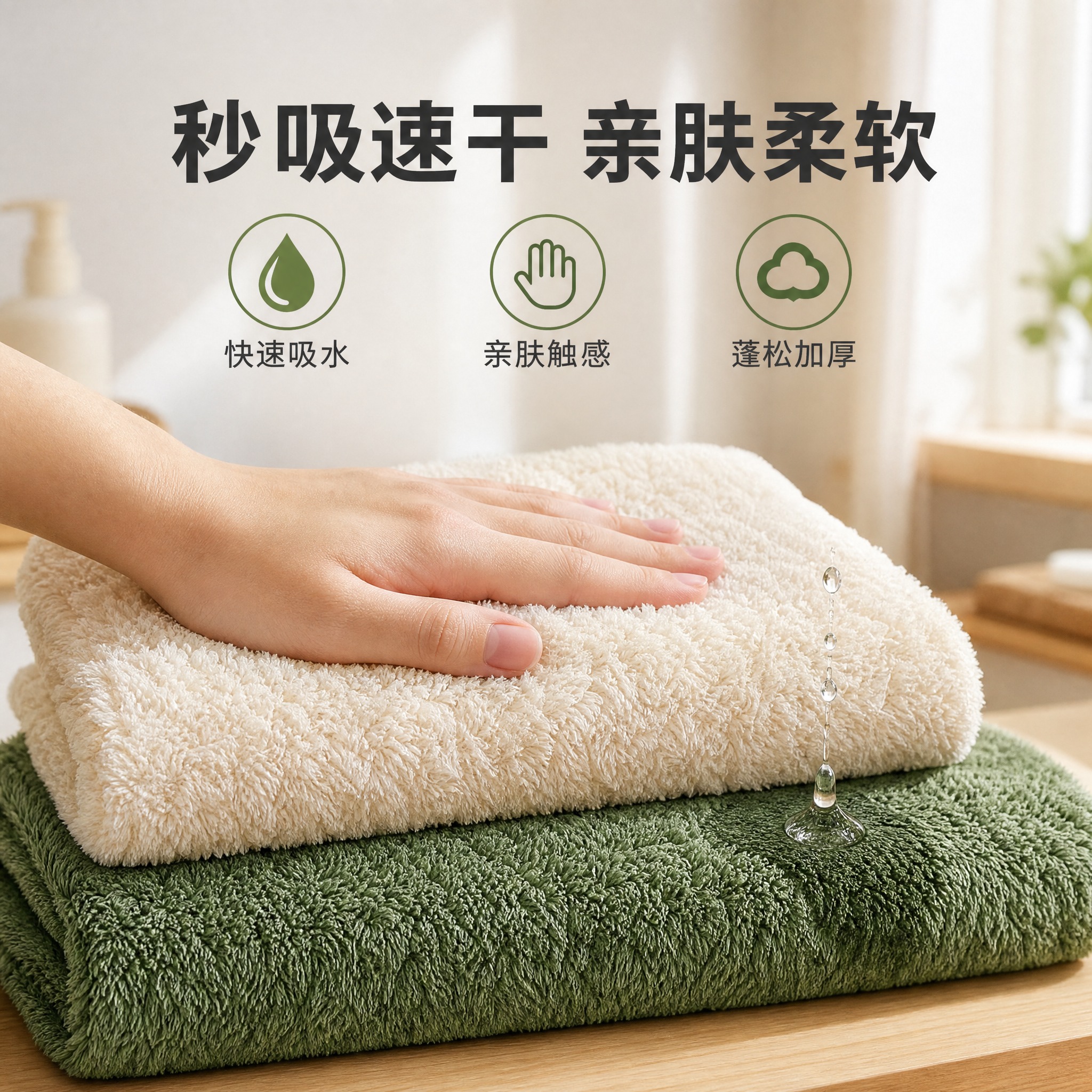[主图-2] 纯棉长毛毛巾吸水亲肤体验图，展示吸水速度与柔软触… - 图片创意预览