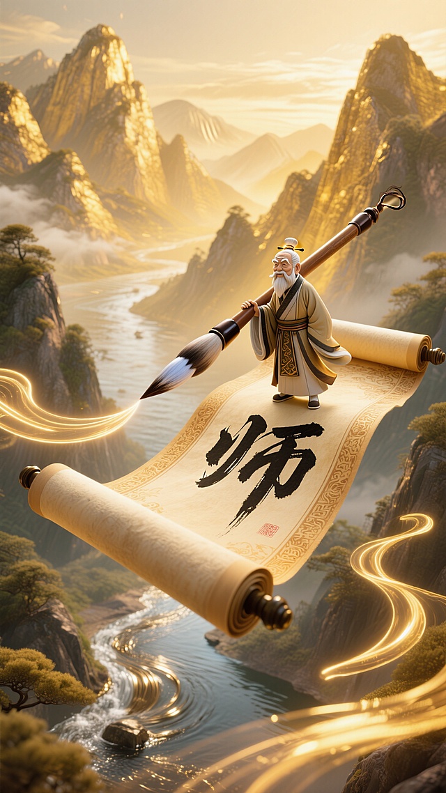 磅礴金黄的山脉间：一个以动态感强的巨型且精致的卷轴展开漂浮在空中，一个微缩老夫子（站在卷轴上）拿着巨型毛笔写“师”，动态的流光线条延伸至空中；金属质感的河水流经群山。整体暖黄色调、明亮氛围。