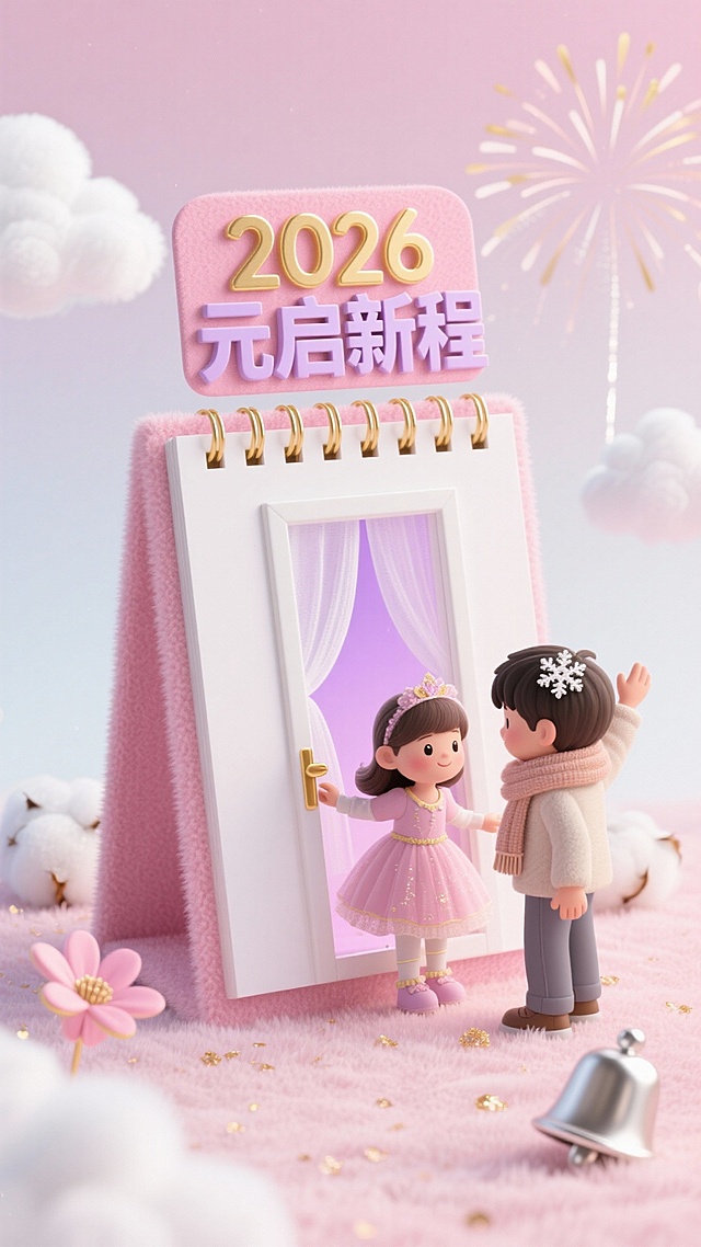 主体为粉色绒面装订日历造型，粉白渐变背景，浅粉色毛绒地面，日历正面平整展开；日历白页里嵌入一扇白色纱门（门内透出粉紫色柔光），儿童（门外穿公主裙的女童踮脚扶门，门内戴围巾的男童举着雪花造型发卡迎接，互动亲昵）；搭配棉花质感白色云朵、粉金渐变烟花与银色铃铛元素，色彩柔和饱满；浅粉色（日历主体、背景底色），白色（日历空白页、纱门、云朵）、金色（日历装订线、烟花光斑、“2026”字样），色调温馨明快；日历上部分是粉色页有金色“2026”与浅紫“元启新程”字样，下为空白页，背景烟花呈花瓣状散开，云朵边缘点缀细碎金粉