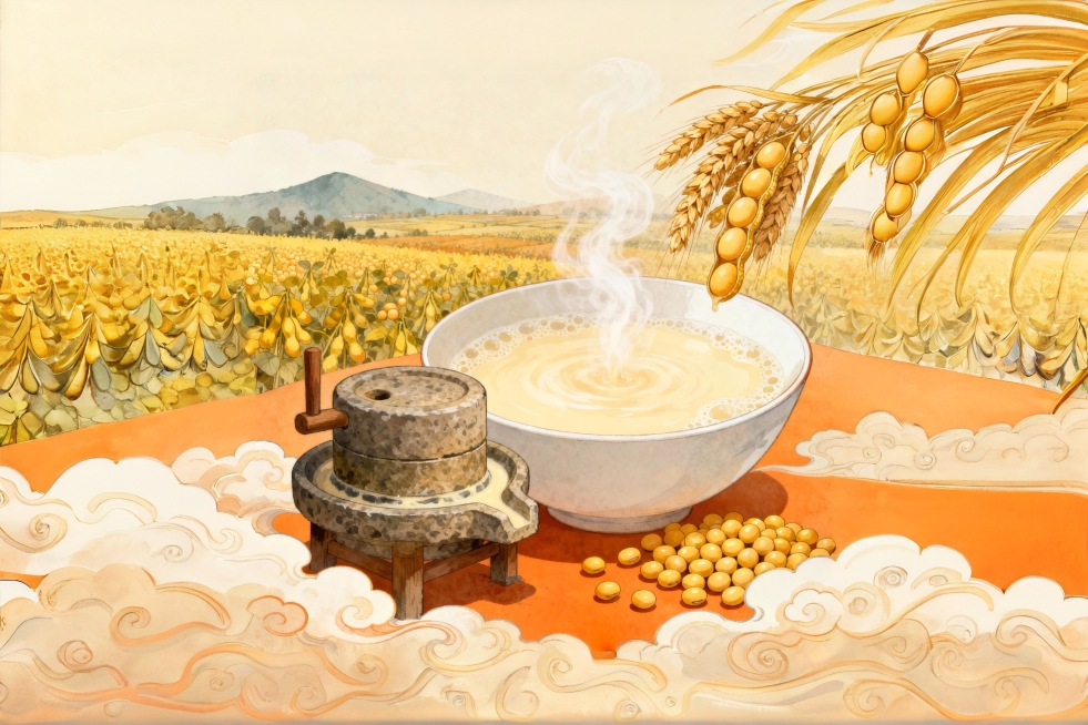 传统石磨、豆浆碗、豆腐块、黄豆、麦穗等元素，创作一幅完整的中国传统豆浆制作场景插画。画面左下是古朴的石磨，右面一碗热气腾腾的豆浆，豆浆表面有细腻的泡沫，蒸汽袅袅上升。右下角围散落着金黄的黄豆，碗的右上预览效果