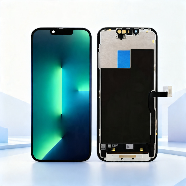 为手机屏幕总成替换背景，参考提供的电商3C亚马逊场景图，使用浅调渐变极简几何场景，科技感风格，90%相似度，保持手机屏幕总成产品外观、结构、颜色与原图绝对一致，产品清晰真实，商业摄影质感，光线柔和通透预览效果
