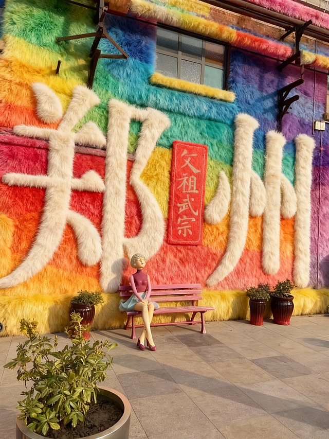 梦幻感与国潮风交融，毛发生长风大字墙搭配卡通感雕塑，色彩斑斓的浮雕式设计彰显潮流魅力。