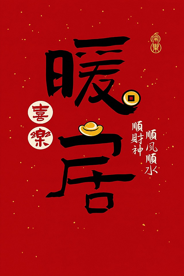 提取图中的门帘图案，完整还原门帘设计，去除中间的竖缝和拼接痕迹，去除背景的波浪纹理和布纹质感，填充完整的大红色洒金底色，暖居喜乐书法文字图案清晰完整，高清印刷质量，无门框和周围环境物体，仅保留门帘本身的平面图案，左右两半图案无缝拼接