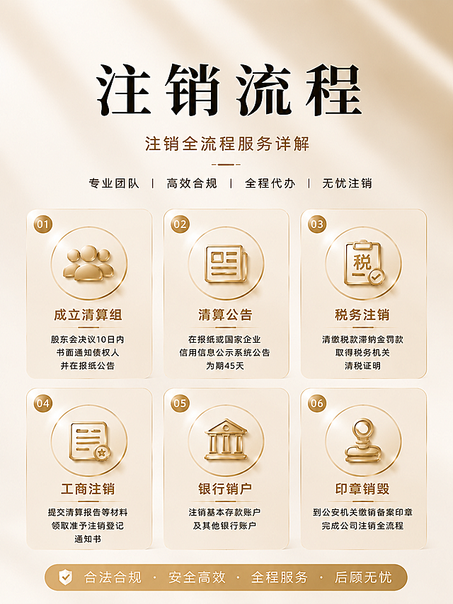 保持原图香槟金高级质感和苹果极简风格、色调、整体布局不变。将6个金色图标卡片里的内容修改为以下内容，图标可根据内容匹配调整：
01 成立清算组：股东会决议10日内书面通知债权人并在报纸公告
02 清算公告：在报纸或国家企业信用信息公示系统公告 为期45天
03 税务注销：清缴税款滞纳金罚款取得税务机关清税证明
04 工商注销：提交清算报告等材料领取准予注销登记通知书
05 银行销户：注销基本存款账户及其他银行账户
06 印章销毁：到公安机关缴销备案印章完成公司注销全流程
保留顶部"注销流程"主标题、"注销全流程服务详解"副标题、"专业团队 | 高效合规 | 全程代办 | 无忧注销"文字栏，保留底部"合法合规·安全高效·全程服务·后顾无忧"栏。文字排版整齐清晰无错误，无水印无LOGO，专业设计师风格，AI感低，3:4竖版构图。