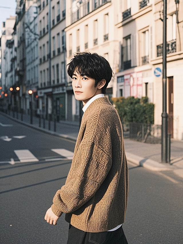 一个男青年（参考图），半身图，巴黎的街道上，黑色短发，穿着图上这件毛衣，比例是1350*455PX，超高清人像摄影，艺术肖像照，氛围感天花板
