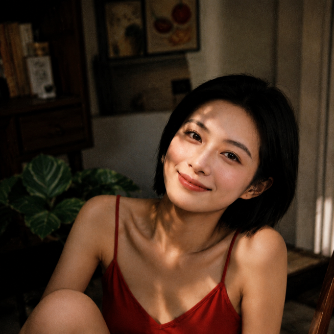 保留参考图人物的面部特征，人物穿着红色吊带，呈现自然的微露效果，脸上打造自然红润的气色，画面真实无漂浮感，动作自然不僵硬，眼神富有故事感情绪饱满，避免空洞呆滞的死鱼眼，场景背景真实富有层次不单调，注入预览效果