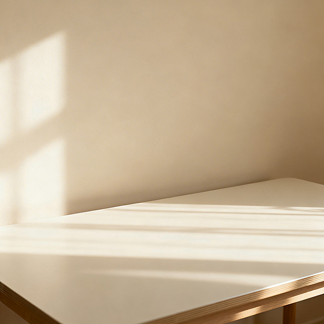 浅米色的温馨场景，包含一张干净的桌子，柔和温暖的自然光影效果，整体氛围治愈温馨，高清质感，细节丰富，纯色浅米色背景，适合用作背景图的简约设计