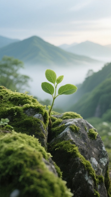 超写实摄影视角，聚焦鲜嫩翠绿苔藓覆盖的岩石近景，清晰叶脉的新生植物从石缝钻出，背景是被柔和晨光笼罩、薄雾弥漫且远山若隐的青山，主色调为不同层次绿色与清晨蓝灰色天空，光线柔和具穿透力，呈现极致细节质感与自然景深的干净自然背景素材预览效果