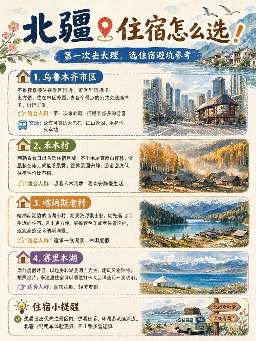 完全复刻参考图2的版式、风格、字体、4个住宿板块布局、彩色标题… - 图片创意预览