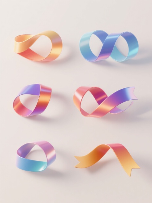 六个不同配色、不同样式、不同材质的彩带元素，以3D渲染风格呈现，每个彩带拥有光滑的渐变色彩、清晰的高光反射和细腻的阴影效果，整体呈现出轻盈飘逸的动态感，它们整齐排列在纯净的浅色背景上，保持一致的构图布局和视觉层级，确保画面简洁明快，信息传达高效，具有现代设计感。预览效果